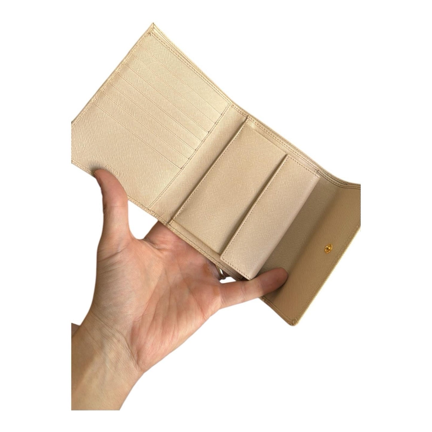Prada Tri-fold Wallet Saffiano Beige Gold Hardware