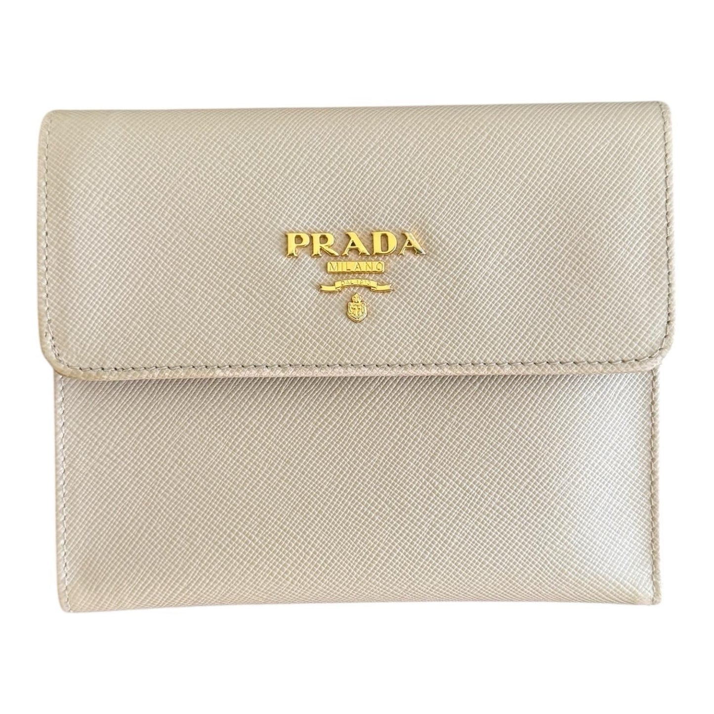 Prada Tri-fold Wallet Saffiano Beige Gold Hardware