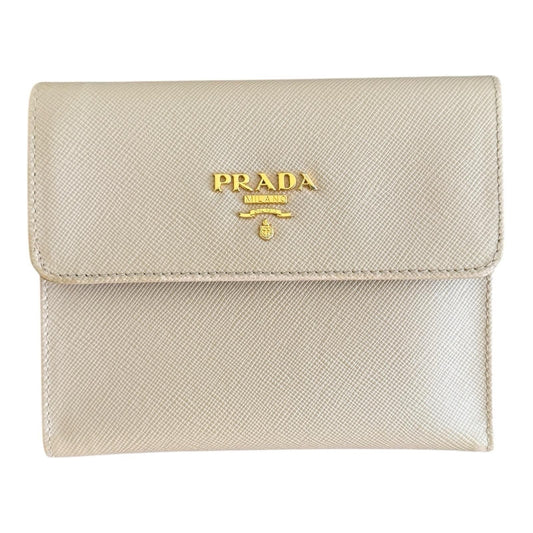 Prada Tri-fold Wallet Saffiano Beige Gold Hardware