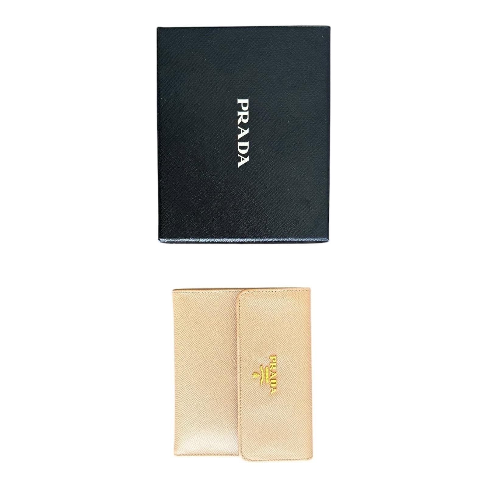 Prada Tri-fold Wallet Saffiano Beige Gold Hardware