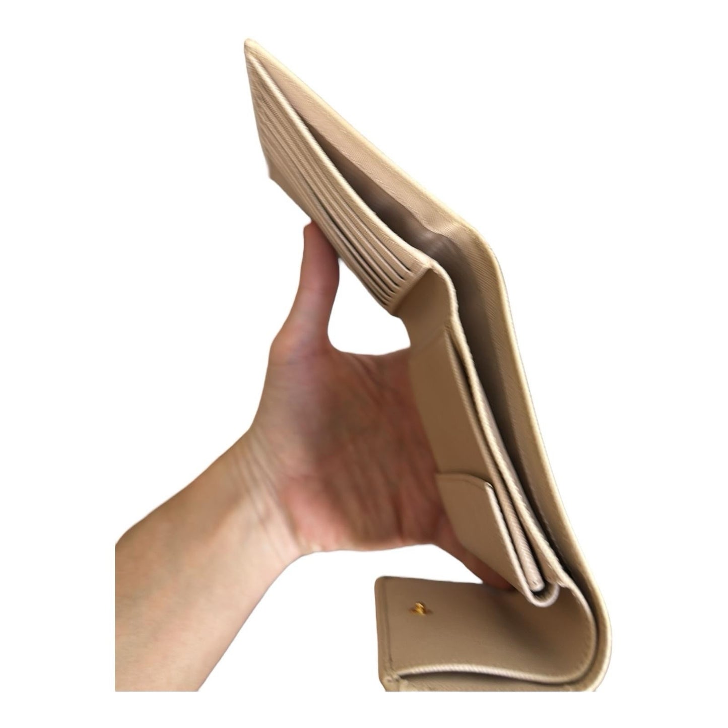 Prada Tri-fold Wallet Saffiano Beige Gold Hardware