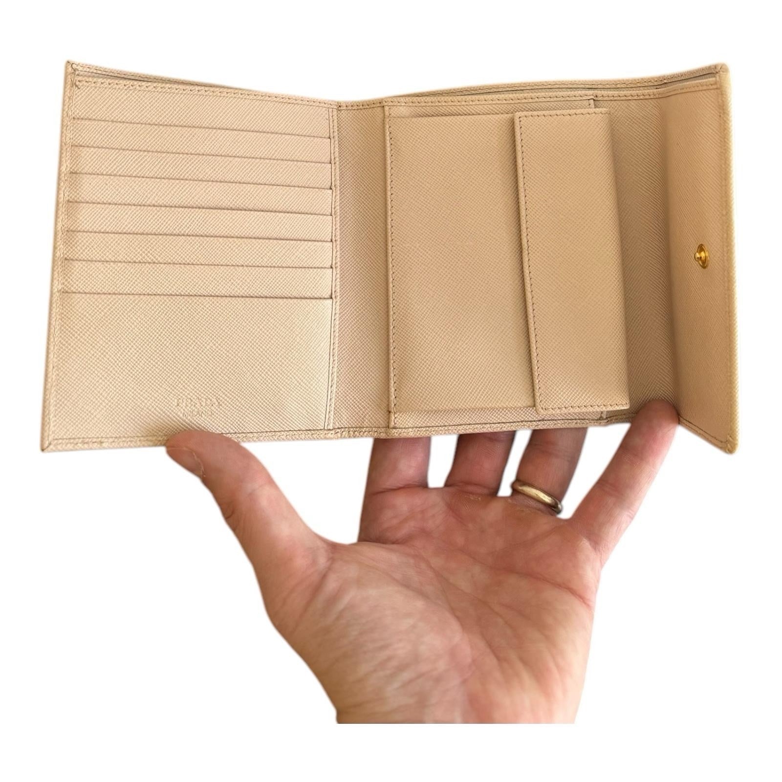 Prada Tri-fold Wallet Saffiano Beige Gold Hardware
